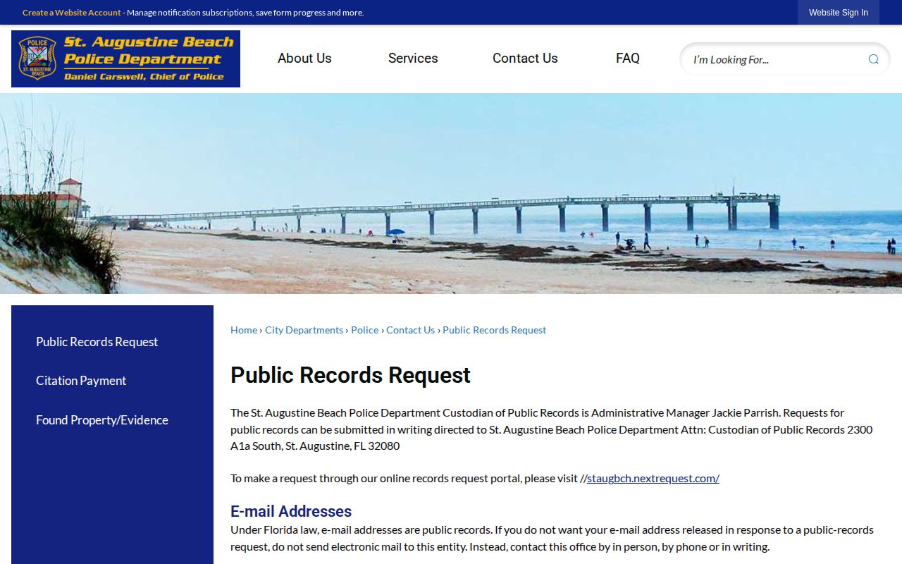St. Augustine Beach Police Department arrest records request page