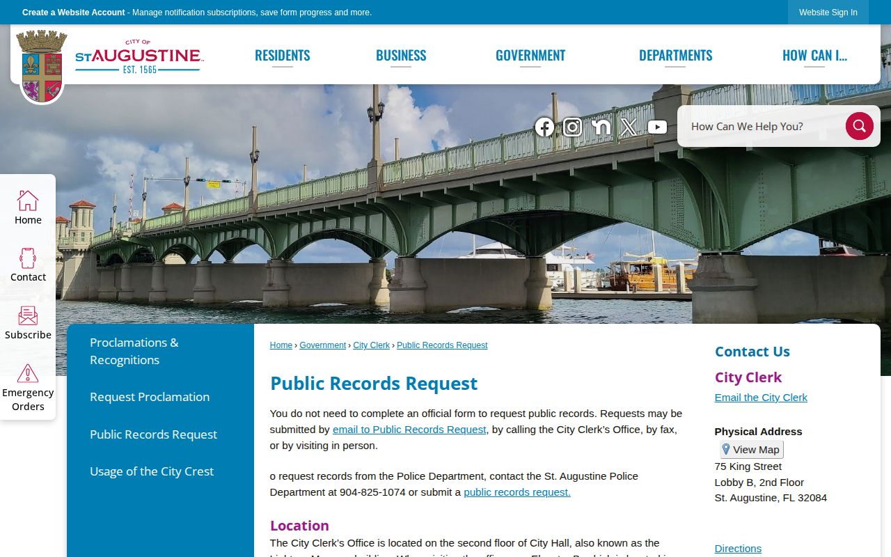 St. Augustine Police Department arrest records request page