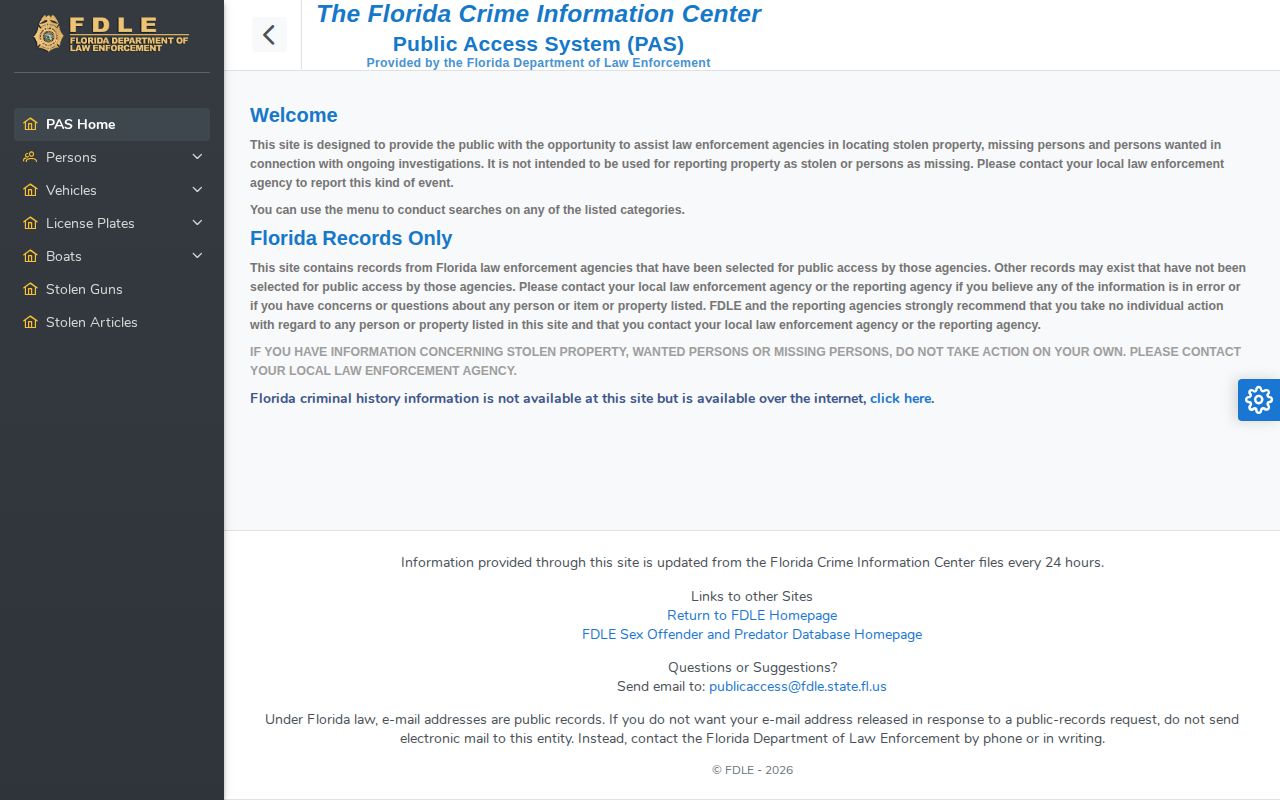 FDLE statewide wanted search for St. Johns County warrant checks