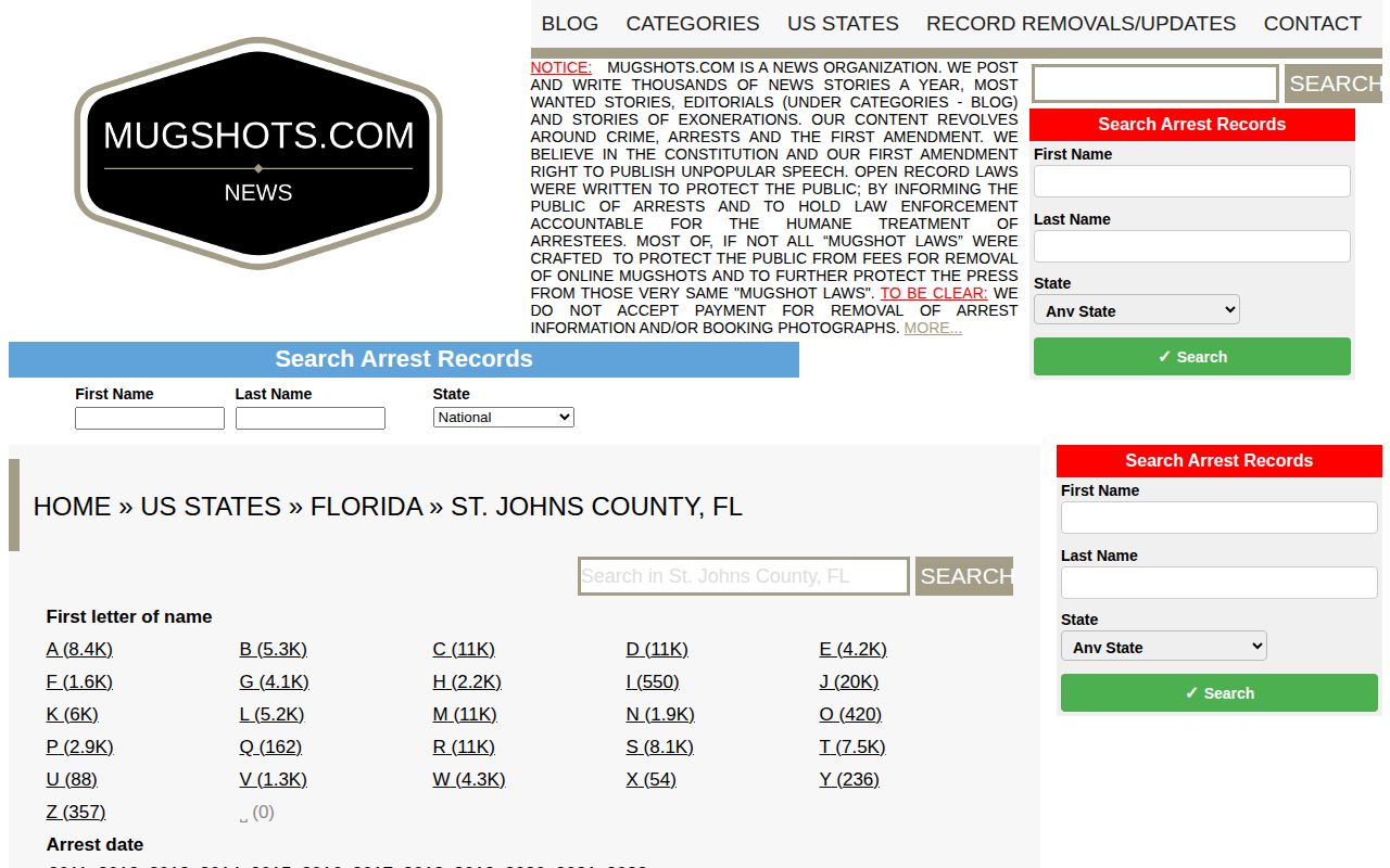 Unofficial Mugshots.com St. Johns County search and archive interface